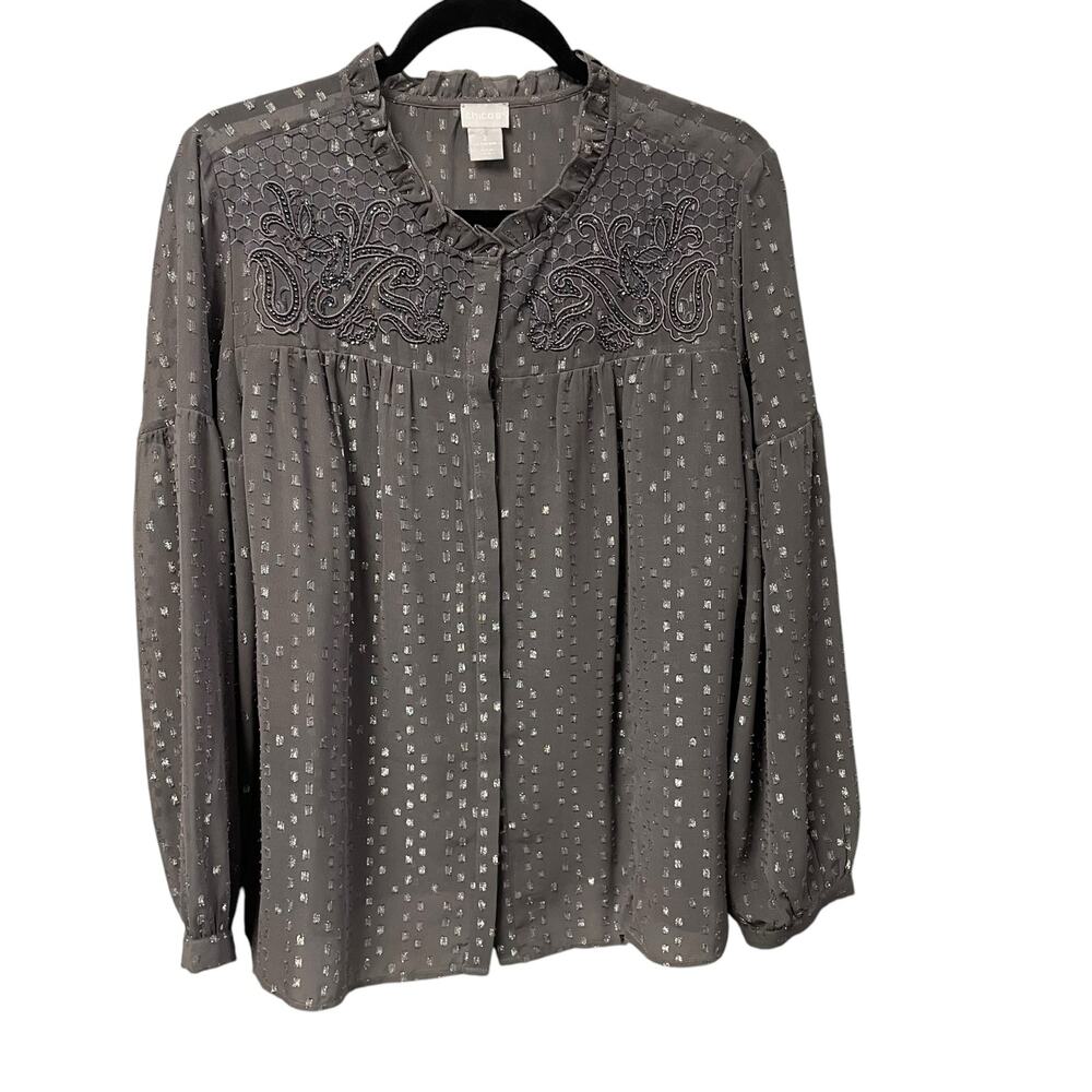Chico's Embroidered Long Sleeve Metallic Gray Silver Top Womens 12/14